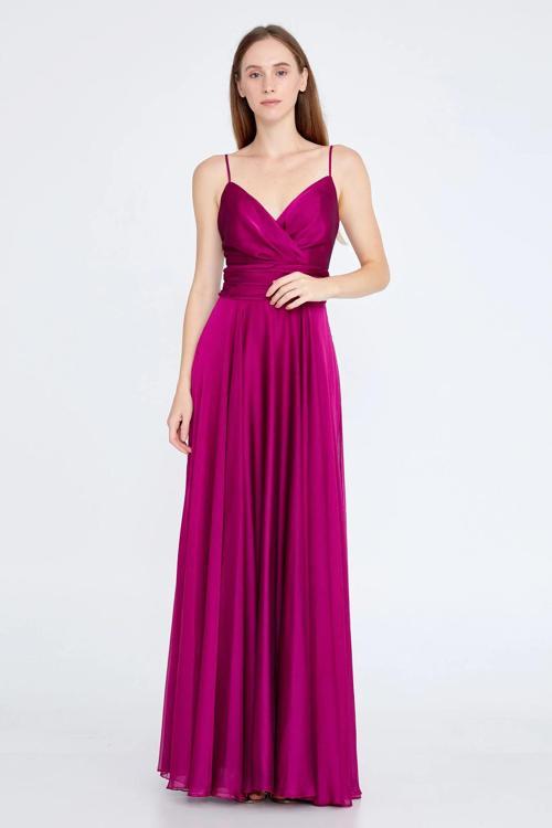 Kadın Askılı Sırt Detaylı Uzun Abiye Elbise 5922022 Fuşya