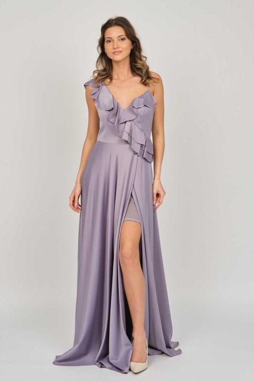 Kadın Fırfır Detaylı Saten Abiye Elbise 5921180 Lila