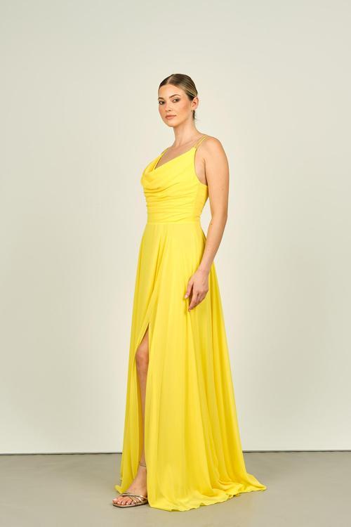 Kadın Degaje Yaka Askılı Derin Yırtmaçlı Şifon Uzun Abiye Elbise 5090 Sarı
