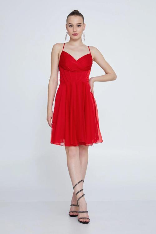 Kadın Askılı Sırttan Çapraz Bağlamalı Kısa Abiye Elbise 6025 Kırmızı