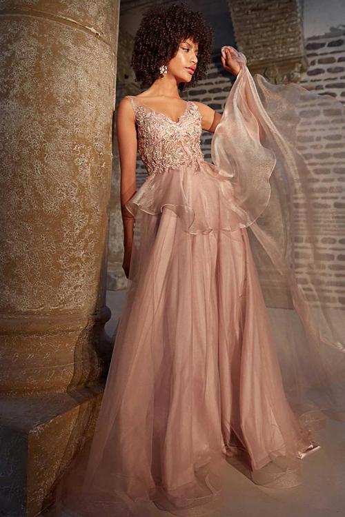 Kadın Derin Sırt Dekolteli Katlı Abiye Elbise 260560 Lavanta