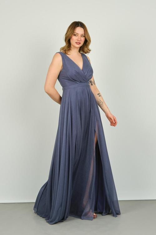 Kadın Sırt Bağlama Detaylı Simli Uzun Abiye Elbise 1182 Antrasit