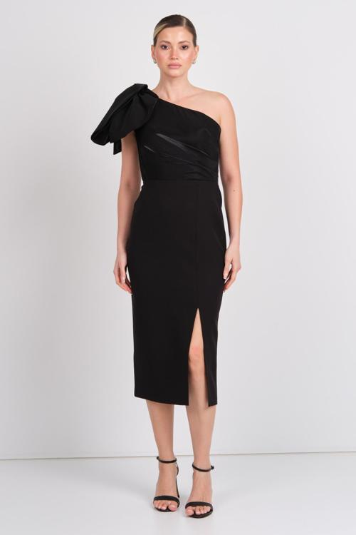 Kadın Tek Omuz Detaylı Yırtmaçlı Midi Abiye Elbise 5101 Siyah