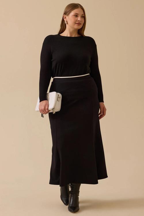 Galaxi Kadın Büyük Beden Beli Biye Detaylı Midi Etek 4001 Siyah