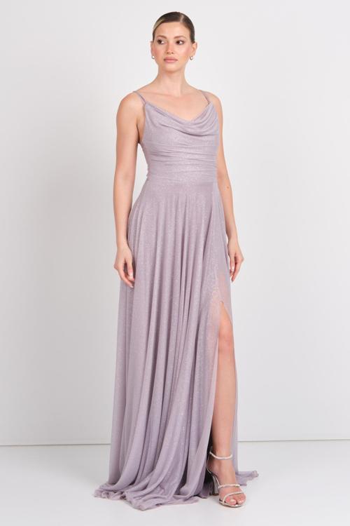 Kadın İp Askılı Degaje Yaka Maxi Abiye Elbise 6148 Vizon