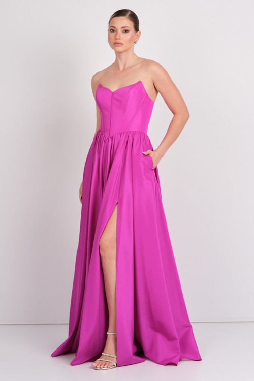 Kadın Beli Korsajlı Straplez Tafta Kumaş Maxi Abiye Elbise 6133 Fuşya