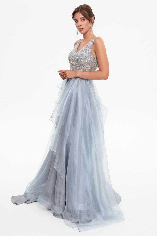 Kadın Derin Sırt Dekolteli Katlı Abiye Elbise 260560 Gri