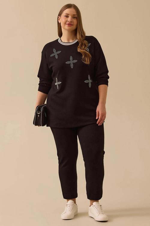 Galaxi Kadın Büyük Beden Taş Detaylı Sweatshirt 4002 Siyah