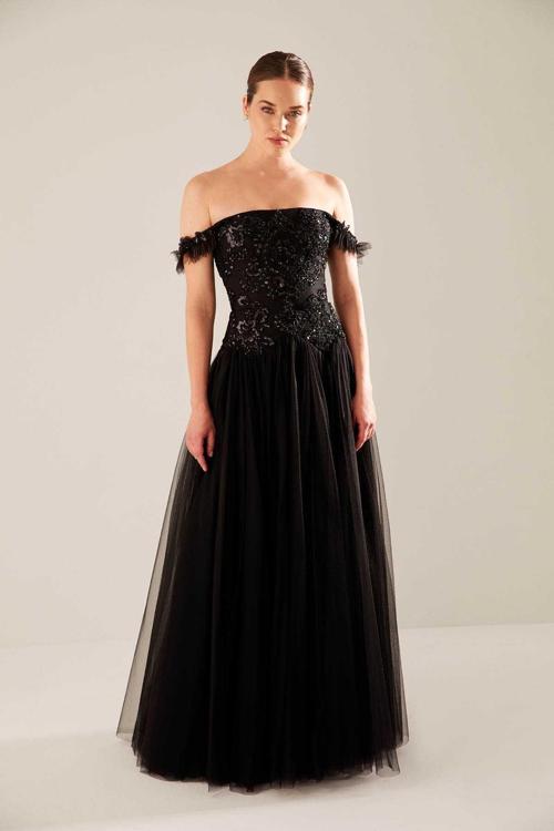 Kadın Tüllü Straplez Abiye Elbise 5946046 Siyah