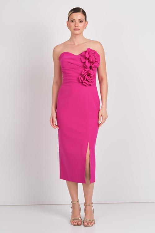 Kadın Straplez Krep Kumaş Gül Detaylı Midi Abiye Elbise 5103 Fuşya