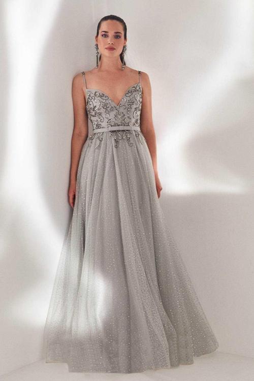 Kadın İp Askılı Puantiyeli Abiye Elbise 5946148 Gümüş