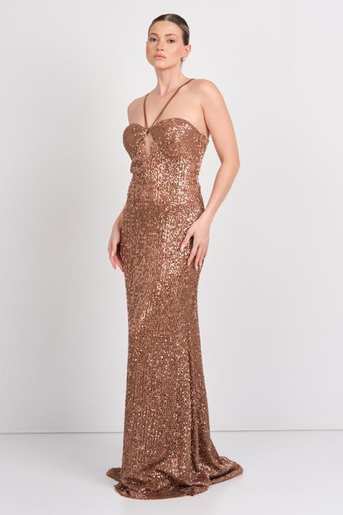 Kadın Pul Payet Göğüs Dekolteli Saten Askılı Maksi Boy Abiye Elbise 58004 Bakır