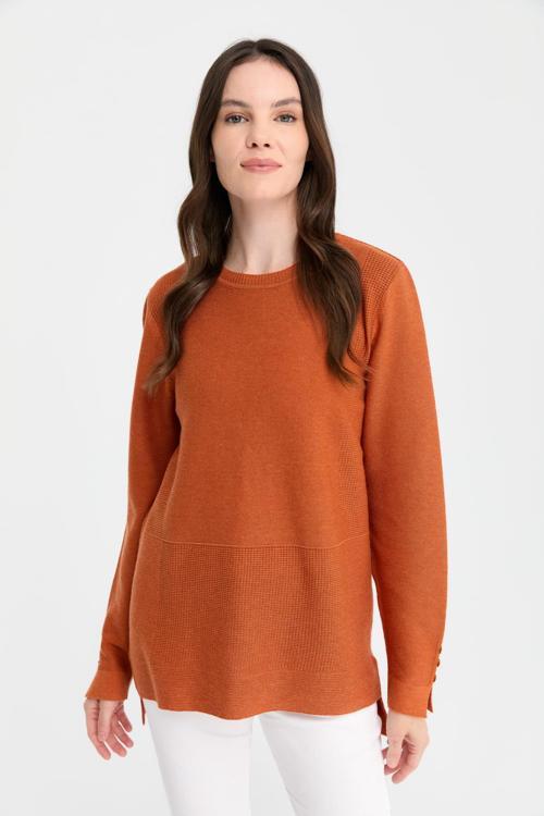 Kadın Sıfır Yaka Yırtmaçlı Kazak 24357 Turuncu