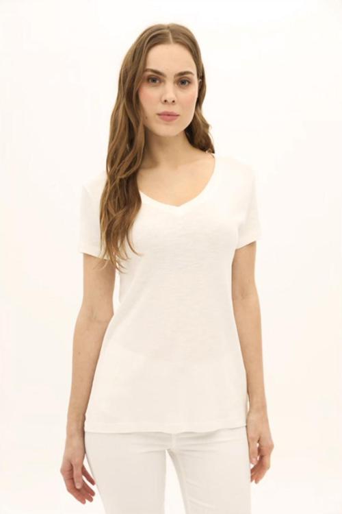 Kadın V Yaka Kısa Kollu Pamuklu Basic T-Shirt 5982 Ekru