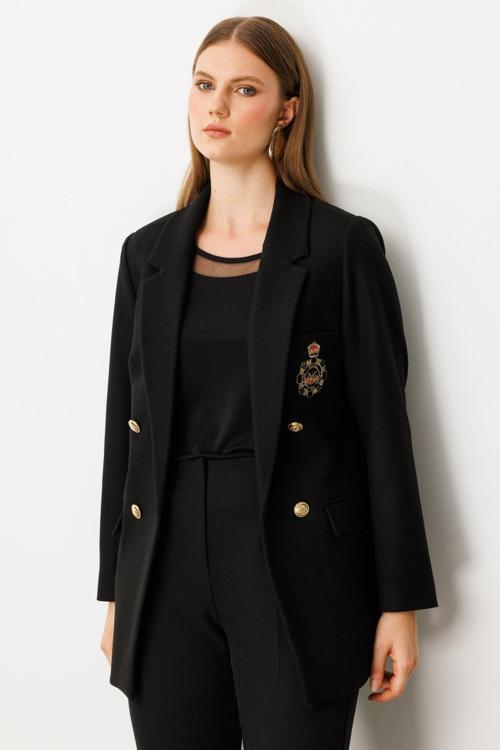 Kadın Büyük Beden Cebi Armalı Ceket 5571 Siyah