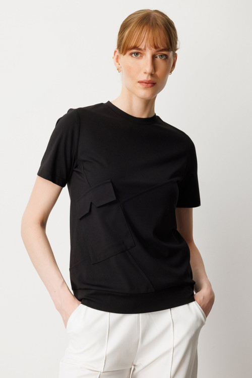 Kadın Sıfır Yaka Cepli T-Shirt 61340 Siyah