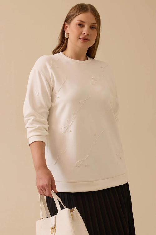 Galaxi Kadın Büyük Beden Nakış Detaylı Boncuklu Sweatshirt 4005 Ekru