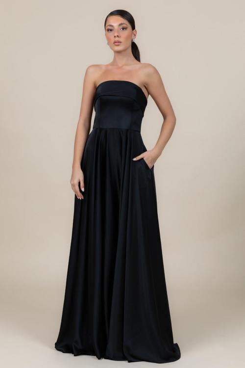 Kadın Straplez Saten Kumaş Uzun Abiye Elbise 6135 Siyah