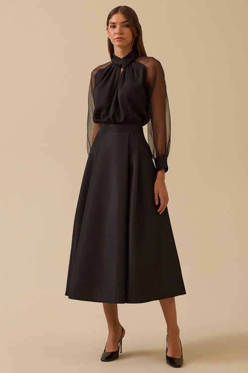 Kadın Tafta Kumaş Yüksek Bel Şık Kloş Etek 8001 Siyah