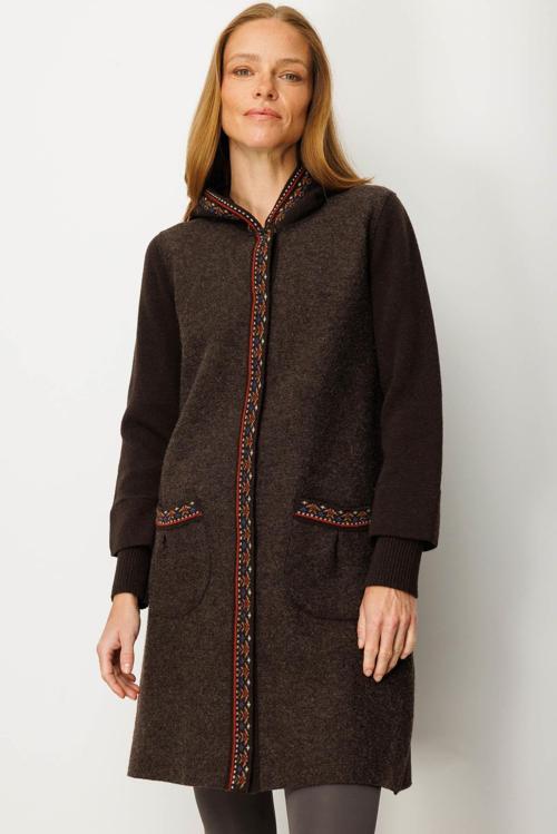 Kadın Kapüşonlu Önü Keçe Yün Kaban 25019 Koyu Kahve