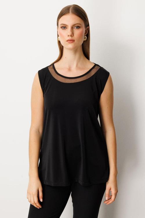 Kadın Büyük Beden Yakası Tül Detaylı Kolsuz Basic Bluz 61311 Siyah