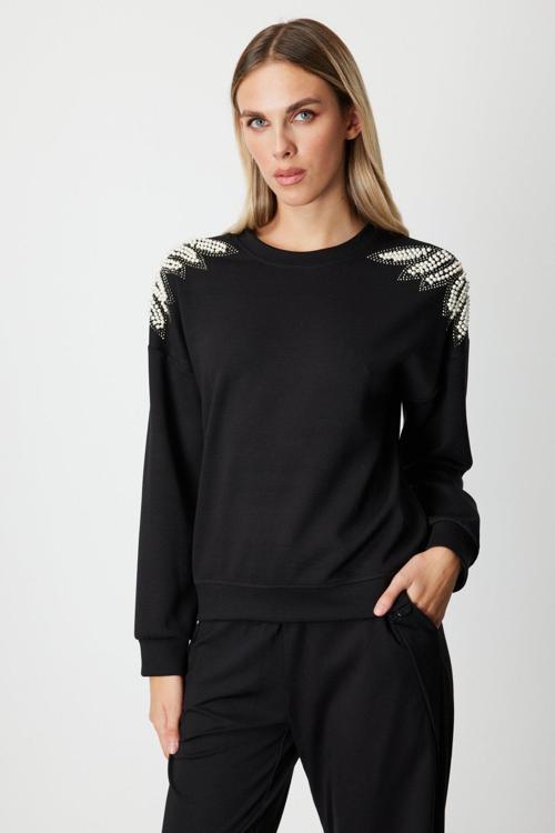 Kadın Omuzları İncili Sweat 66338 Siyah
