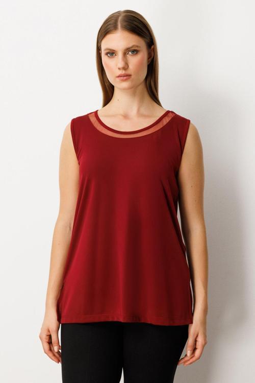 Kadın Büyük Beden Yakası Tül Detaylı Kolsuz Basic Bluz 61311 Bordo