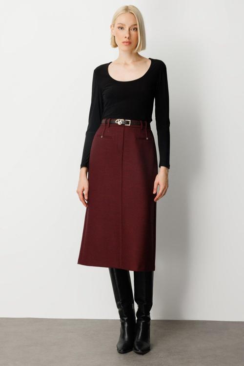 Kadın Beli Kemerli Yırtmaçlı Midi Etek 2009 Bordo