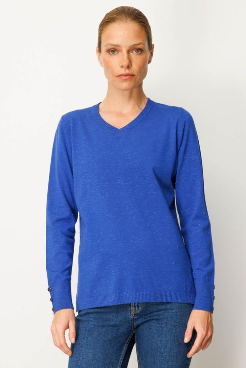 Kadın V Yaka Kolları Düğmeli Simli Bluz 23393 Saks