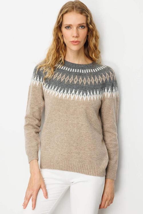 Kadın Sıfır Yaka Robası Baklavalı Yün Kazak 25218 K. Bej