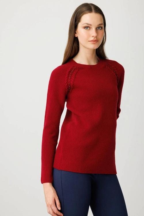 Kadın Sıfır Yaka Boncuklu Yün Kazak 25206 Vişne Çürüğü