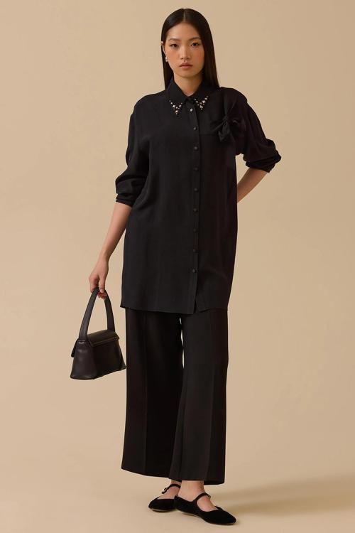 Kadın Bağlama Detaylı Taş İşlemeli Gömlek 1006 Siyah