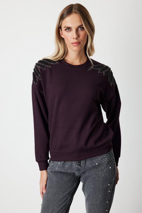 Kadın Omuzları İncili Sweat 66338 Bordo