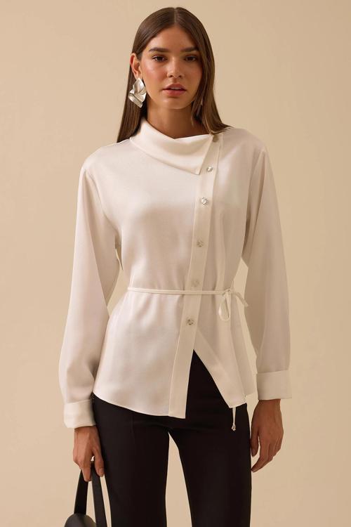 Kadın Asimetrik Düğmeli Kuşaklı Gömlek 0009 Ekru