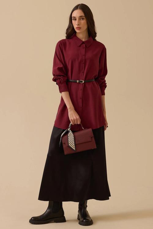 Kadın Gömlek Yaka Uzun Kollu Basic Tunik 1010 Bordo