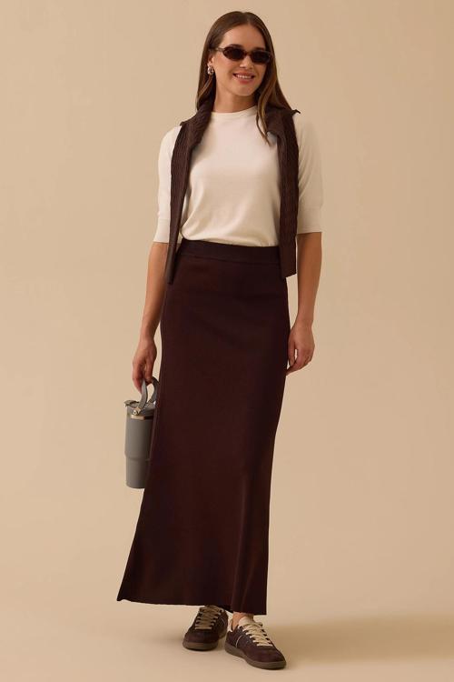 Kadın Düz Kesim Triko Etek 1013 Kahverengi