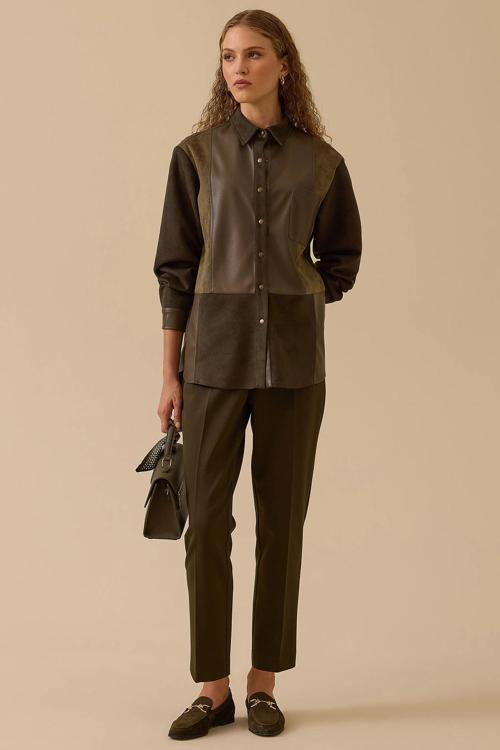 Kadın Çift Kumaşlı Suni Deri Detaylı Süet Gömlek 0011 Haki