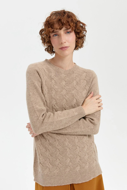 Kadın Sıfır Yaka Dikişsiz Önü Saç Örgülü Yün Kazak 24214 K. Bej