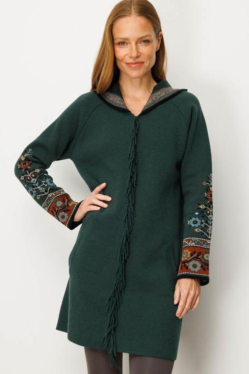 Kadın Kapüşonlu Kilim Jakarlı Püsküllü Yün Kaban 25056 Yeşil