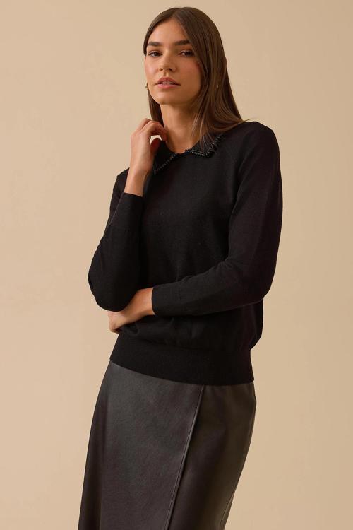 Kadın Boncuk Detaylı Bel Boy Triko Bluz 0008 Siyah