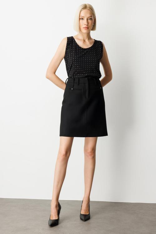 Kadın Aksesuar Detaylı Mini Kaşe Etek 2003 Siyah