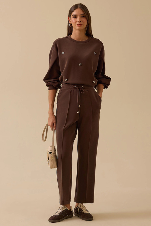 Kadın Elastik Bel Bağcıklı Şerit Detaylı Pantolon 0008 Kahverengi