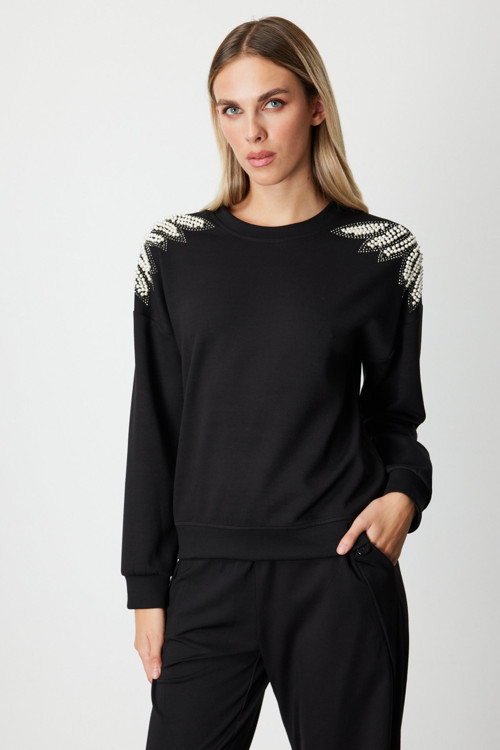 Kadın Omuzları İncili Sweat 66338 Siyah