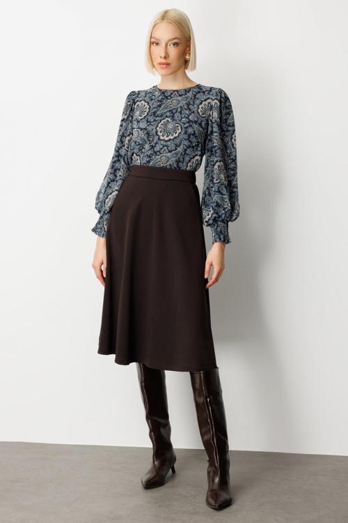 Kadın Beli Lastikli Volanlı Midi Etek 2023 Kahverengi