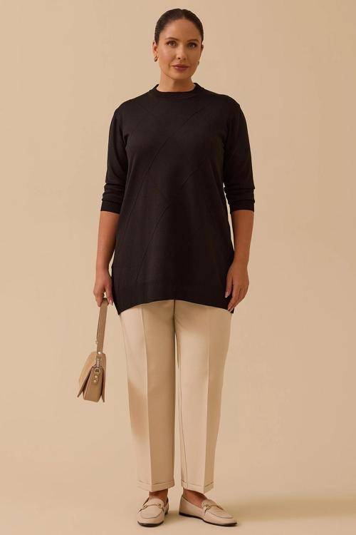 Galaxi Kadın Büyük Beden Desenli Basic Triko Tunik 4008 Siyah