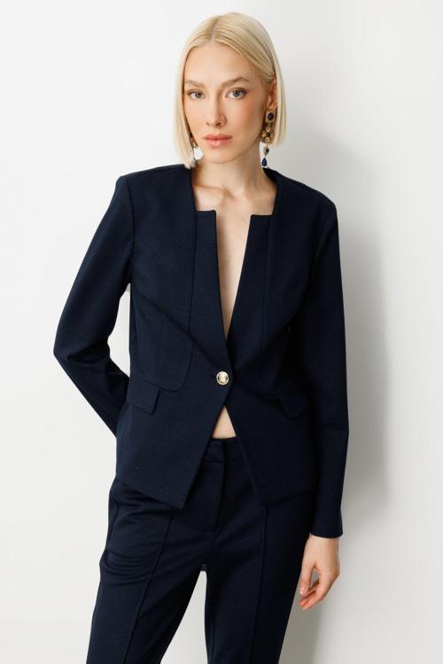 Kadın Tek Düğme Süs Kapak Cepli Ceket 5141 Lacivert