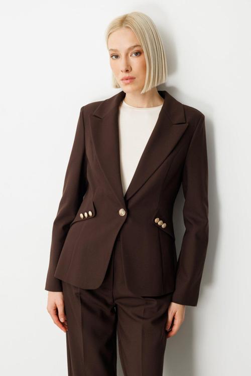 Kadın Omzu Vatkalı Düğme Aksesuarlı Ceket 5017 Kahverengi