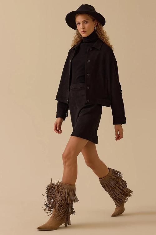 Kadın Püskül Detaylı Kısa Süet Ceket 0014 Siyah