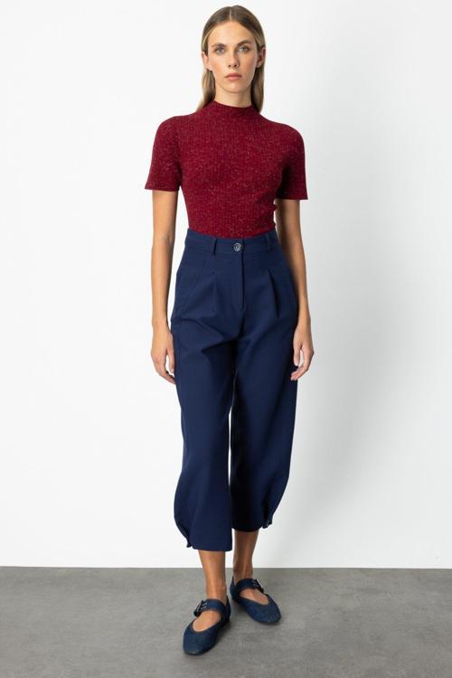 Kadın Paçası Düğmeli Fleto Cepli Pantolon 64137 Lacivert