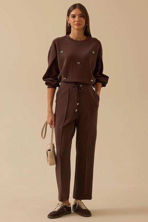 Kadın Elastik Bel Bağcıklı Şerit Detaylı Pantolon 0008 Kahverengi